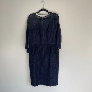 Adrianna Papell Lace Overlay Sheath Dress Peplum Women's Navy Size 12 Cocktail